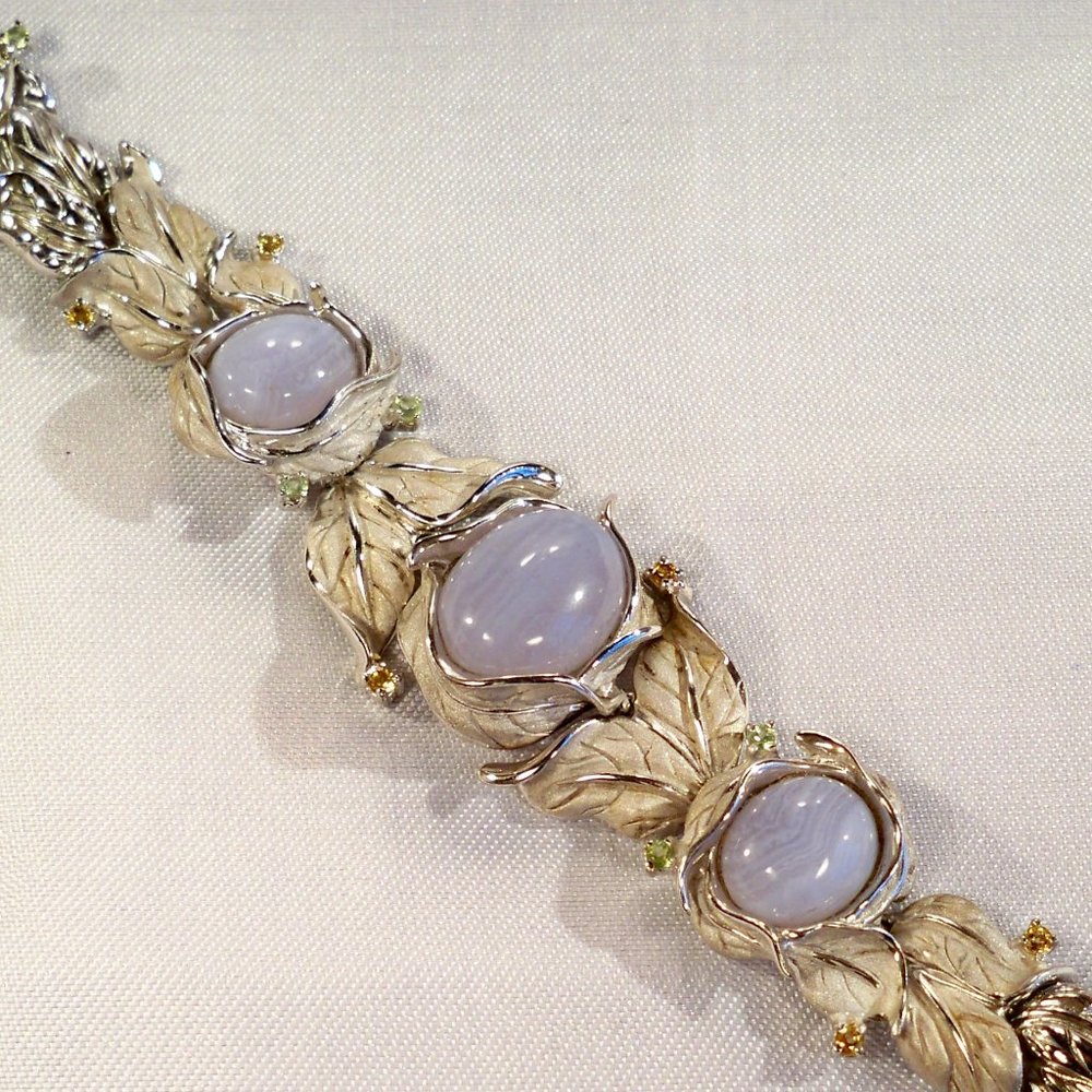 NEW Agate, Yellow, Green Cubic Zirconias Silver Leafs Vintage DESIGNER Bracelet